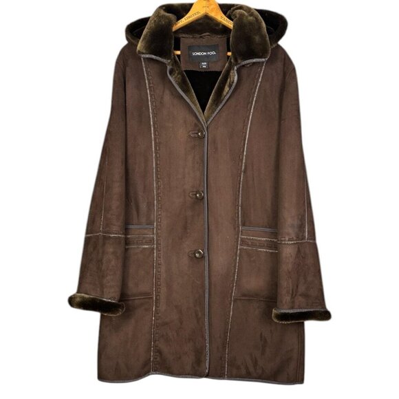 Vintage London Fog Faux Shearling Coat, Brown Hooded Button Front Jacket Spring - Picture 1 of 6